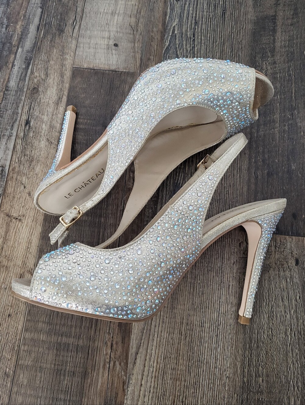 Le Chateau Crystal Rhinestone Slingback Heels Champagne Rose Gold Size 8.5